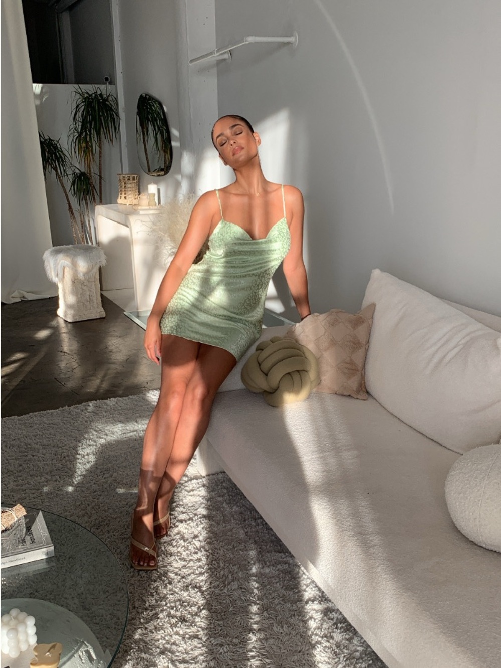 Light Green Slip Mini Dress with Cowl Neck